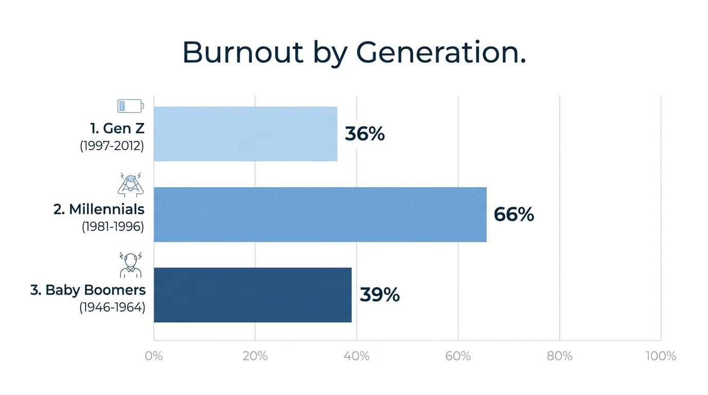 Burnout by generation: Gen Z at 36%, Millennials at 66%, Baby Boomers at 39%