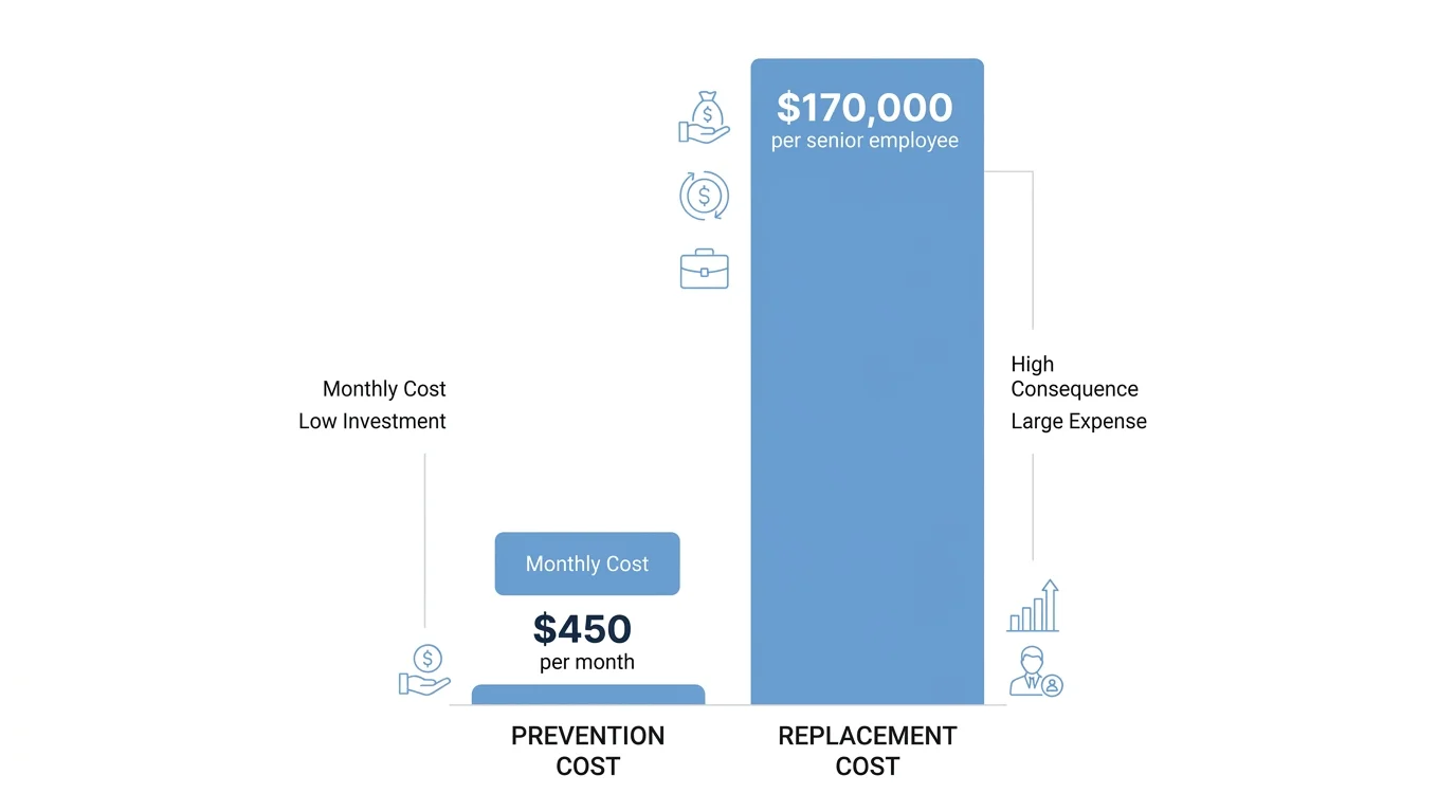 Prevention cost ($450/month) compared to replacement cost ($170,000 per senior employee), showing the asymmetry that makes the business case clear