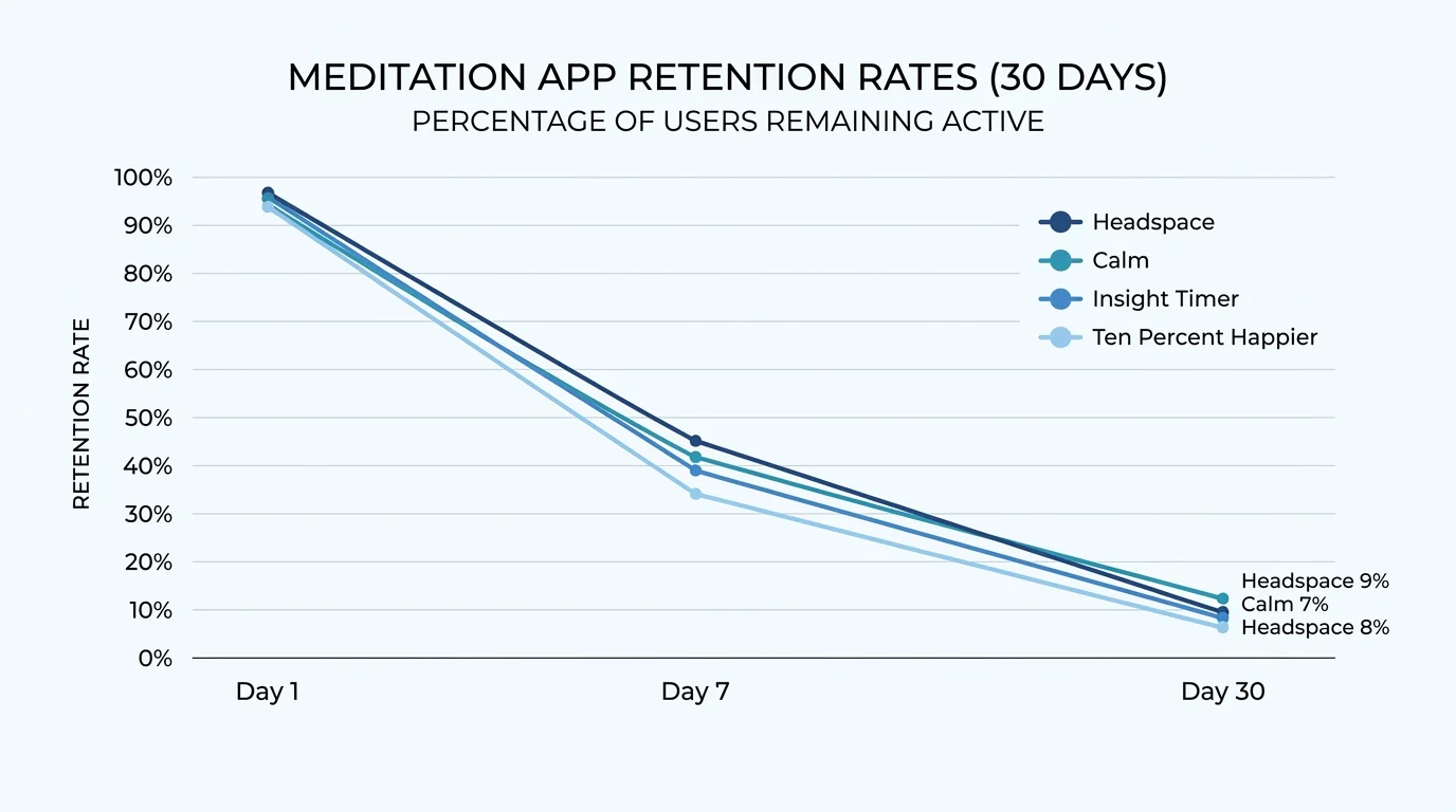 Meditation app retention rates dropping sharply over 30 days, with all major apps falling below 10% by Day 30