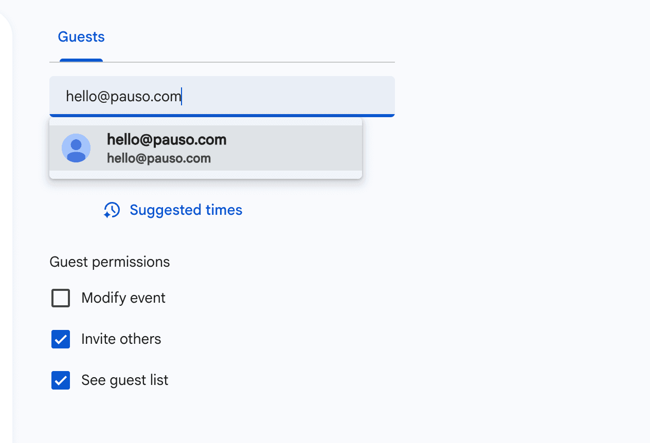 Google Calendar showing how to invite Pauso to a meeting